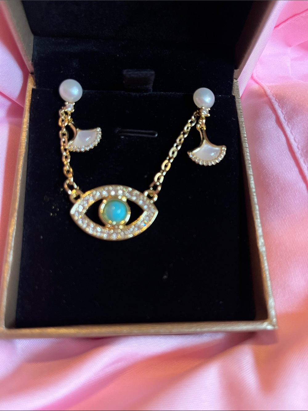 Gold Evil Eye Necklace with Turquoise Center and Pearl Accents earrings beautifu